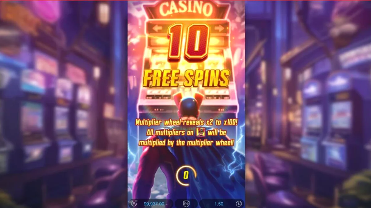 Tampilan visual slot Super Wildrix dengan tema superhero neon