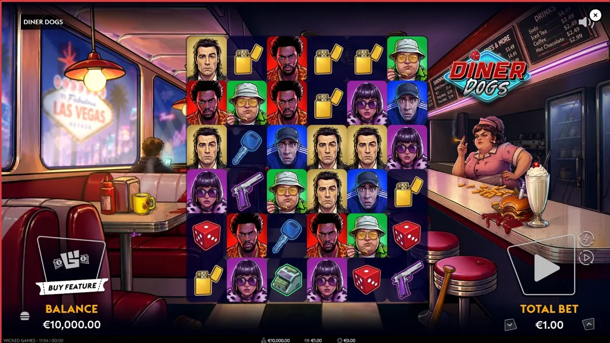 Tampilan visual slot Diner Dogs dengan tema noir 1950-an