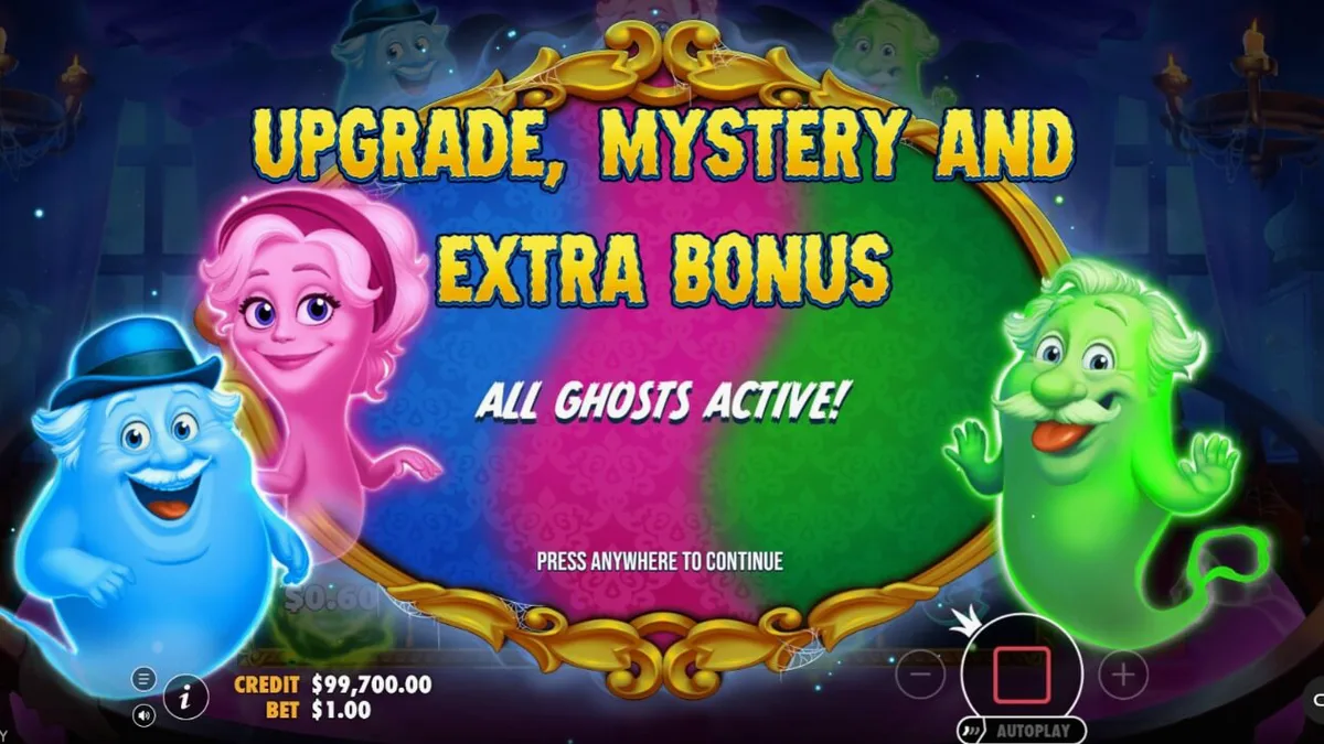 Tampilan visual slot Great Ghosts dengan tema rumah hantu kartunis