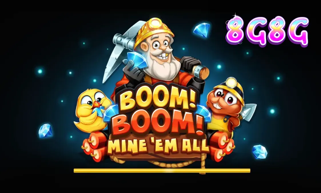 Tampilan visual slot Boom! Boom! Mine ‘Em All dengan latar belakang tambang gelap dan simbol dinamit.
